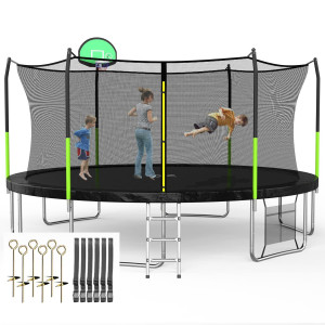 Skok Trampoline 14Ft Trampolines With Enclosure Net, 400Lbs Outdoor Trampolines For Kids With Basketball Hoop -Astm Approved Trampoline For Children And Adults With Jump Mat, Spring Cover & Ladder
