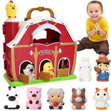 Big Red Barn Farm Animal Toy For 1 2 3 Years Old Toddlers, Preschool Montessori Learning Toys, Pretend Farm Playset With Animal Finger Puppets & Farmer, Christmas Birthday Gift For Boys Girls