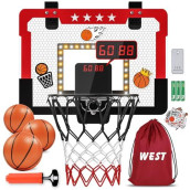 Indoor Basketball Hoop For Kids, Mini Basketball Hoop With Double Electronic Scoreboard And Led Light, Over The Door Basketball Gifts Toys For 5 6 7 8 9 10 11 12 Year Old Boys (West Red)