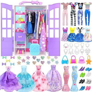 92Pcs Doll Clothes And Accessories With Doll Closet For 11.5 Inch Doll Fashion Design Kit Girl Doll Dress Up Including Fashion Dress Outfits Tops And Pants Shoes Hangers Bags Necklaces Girls Toy Gifts