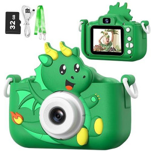 Goopow Dinosaur Kids Selfie Camera Toys For Boys Age 3-9,Children Digital Video Camera With Soft Silicone Cover,Christmas Birthday Festival Gifts For 3-9 Year Old Boys Kids- 32Gb Sd Card Included