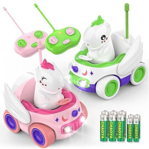 Kroyedfuw 2 Pack Unicorn Remote Control Car For Toddler, Unicorns Gifts For Girls And Boys, Car Toys For Kids With Led Lights And Music, Christmas Birthday Gifts For Baby 2 3 4 5 Year Old