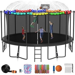 Deeproar Tranpoline For Kids And Adults, 8Ft Tranpoline With Basketball Hoop, Safety Enclosure Net, Heavy Duty Tranpoline With Light, Sprinkler, Socks, Ladder, Astm Approved