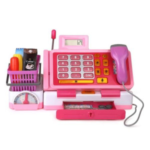 Playkidz Interactive Toy Cash Register - Pink For Girls & Boys - Sounds & Early Learning Play Includes Play Money Handheld Real Scanner Working Scale & Calculator, Live Microphone & Play Food