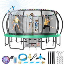 Lyromix Upgrade 15Ft Trampoline For Kids And Adults, Outdoor Trampolines With Curved Poles, Pumpkin Shaped Backyard Trampoline With Sprinkler, Stakes, Light, Storage Bag For Kids Family Happy Time