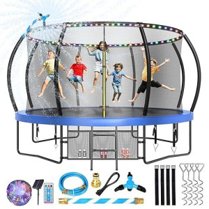Lyromix Upgrade 12Ft Trampoline For Kids And Adults, Outdoor Trampolines With Curved Poles, Pumpkin Shaped Backyard Trampoline With Sprinkler, Stakes, Light, Storage Bag For Kids Family Happy Time