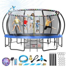 Lyromix Upgrade 15Ft Trampoline For Kids And Adults, Outdoor Trampolines With Curved Poles, Pumpkin Shaped Backyard Trampoline With Sprinkler, Stakes, Light, Storage Bag For Kids Family Happy Time