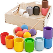 Ulanik Balls In Cups Toddler Montessori Toys For 1 Year Old + Kids Preschool Wooden Matching Games For Learning Color Sorting And Counting
