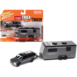 1997 Chevrolet Tahoe Swat Custom Gray Metallic And Black With Twin Cities Police Camper Trailer Limited Edition To 9892 Pieces Worldwide Truck And Trailer Series 1/64 Diecast Model Car By Johnny Lightning