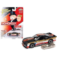 1975 Ford Mustang Cobra Ii Racer Go To Jail Black And White With Gold And Red Stripes With Game Token Monopoly Pop Culture Series 3 1/64 Diecast Model Car By Johnny Lightning