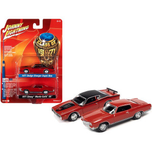 1971 Dodge Charger Super Bee Red With Black Top And 1971 Chevrolet Monte Carlo Ss Cranberry Red Class Of 1971 Set Of 2 Cars 1/64 Diecast Model Cars By Johnny Lightning