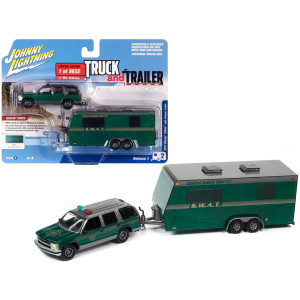 1997 Chevrolet Tahoe Central County Sheriff Emerald Green And Gray With Swat Camper Trailer Limited Edition To 9652 Pieces Worldwide Truck And Trailer Series 1/64 Diecast Model Car By Johnny Lightning