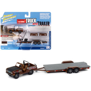 1966 Ford Bronco Dark Brown With Black Hood And Graphics With Open Trailer Limited Edition To 9892 Pieces Worldwide Truck And Trailer Series 1/64 Diecast Model Car By Johnny Lightning