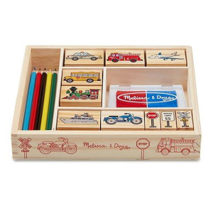 Melissa Doug Wooden Stamp Set Vehicles 10 Stamps 5 Colored Pencils 2Color Stamp Pad