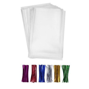 200 Clear Treat Bags 6X9 With 4 Twist Ties 6 Mix Colors Thick Opp Plastic Cello Bags For Wedding Cookie Birthday Cake Pops Gi