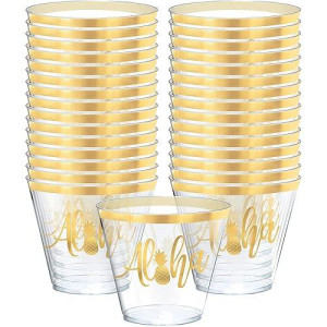 Gold Hotstamped Clear Aloha Plastic Tumblers 9 Oz 30 Pcs Perfect For Tropical Parties Luaus Celebrations