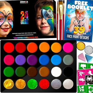 Zenovika Face Painting Kit For Kids Nontoxic And Hypoallergenic Face Paint Kit With 24 Colors Stencils Book And Profession