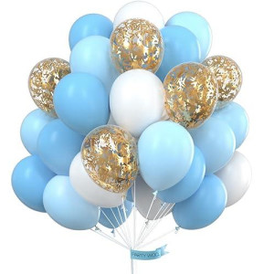 Partywoo Blue And White Balloons 70 Pcs 12 Inch Sky Blue Balloons Baby Blue Balloons White Balloons Gold Confetti Balloons Boy B