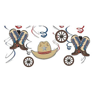 Western Party Hanging Swirl Decorations 6 Packs Of 12 Red Blue Swirl W Cowboy Cutouts Perfect For Rustic Rodeo Wild