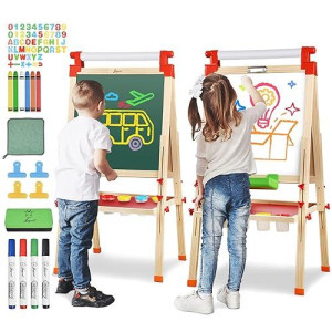 Joyooss Kids Wooden Easel With Paper Roll Adjustable Magnetic Double Sided Drawing Board Whiteboard Chalkboard Dry Easel Boa