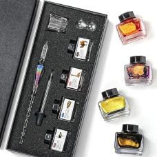 Essshop Handmade Glass Dipped Pen And Ink Set 15Ml Color Inks Pen Holder Cleaning Cup Ink Drip Tool Crystal Signature Dip