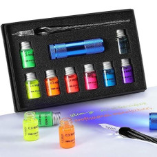 Essshop Glass Calligraphy Dipped Pen And 7 Colorful Inks Set With Fluorescent Invisible Ink Dip Pen Kit For Writing Signing