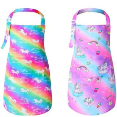 Pashop 2 Pack Kids Apron Rainbow Unicorn Aprons With Pockets For Girls Boys Toddler Apron For Painting Cooking Baking