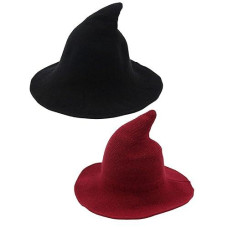 Trounistro 2 Pack Halloween Witch Hat Wool Witch Hat Warm Winter Hats For Women Foldable Large Brim Crochet Cap Halloween Party