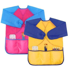 Zkptops 2 Pack Kids Art Smock Colorful Waterproof Children Art Aprons Artist Painting Aprons With Long Sleeve 3 Roomy Pockets Fo