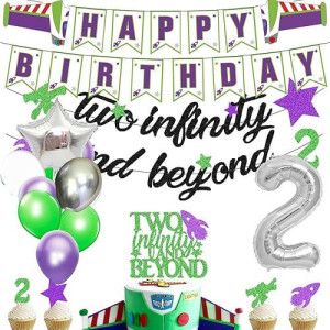 Heeton Two Infinity And Beyond Banner And Buzz Cake Topper Light Year Toy Inspired Story 2Nd Birthday Balloons Party Supplies De