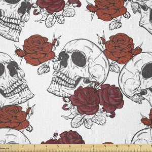 Ambesonne Skull Fabric By The Yard Retro Gothic Dead Head Skeleton With Roses Halloween Theme Spooky Trippy Romantic Stretch K