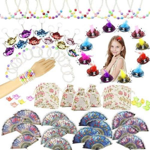 84 Pcs Tea Party Favors Supplies Set Tea Time Party Hair Clips Pearl Necklaces Bracelet Fans Keychains Teapot Beads Gift Bags A