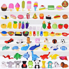 Fun Little Toys 72 Pcs Mini Erasers For Kids Bulk Cute Cool 3D Take Apart Food Animal Erasers Mini Objects For Speech Therapy