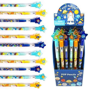 Tinymills 24 Pcs Outer Space Rocket Multi Point Stackable Push Pencil Assortment With Eraser For Space Birthday Party Favor Priz