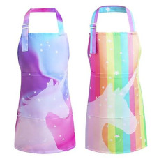 Pashop 2 Pack Kids Apron Rainbow Unicorn Aprons With Pockets For Girls Boys Toddler Apron For Painting Cooking Baking