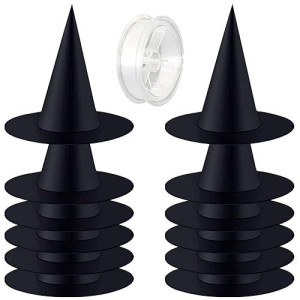 Zeedix 12 Pcs Halloween Black Witch Hats Halloween Hanging Decorations Witch Hat With 98 Feet Hanging Rope For Halloween Costum