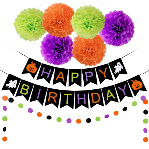 Halloween Happy Birthday Banner Happy Birthday Halloween Banner With Pumpkin And Ghost Pom Poms Flowers Halloween Happy Birthda