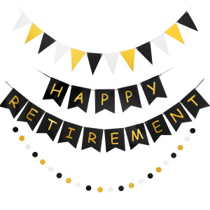 Happy Retirement Banner Assembled Gagaku Black And Gold Retirement Party Decorations Supplies Kit Gold Glitter Paper Pennant Ban