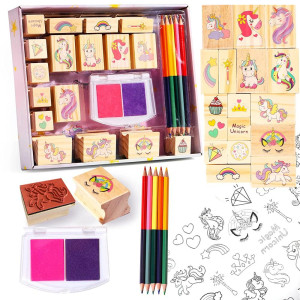 Unicorn Wooden Stamp And Sticker Set For Girls Stampers Inkpad Coloring Pencil Sticker Included Arts Crafts Set For Girls