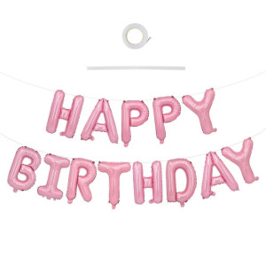 Toniful Light Pink Happy Birthday Balloons Banner 16 Inch Mylar Foil Letters Birthday Sign Bunting Reusable Ecofriendly Materia