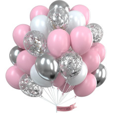 Partywoo Pink Balloons Set 60 Pcs Pink And White Balloons Silver Metallic Balloons Silver Confetti Balloons Party Balloons