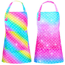 Pashop 2 Pack Kids Apron Rainbow Mermaid Aprons With Pockets For Children Girls Boys Toddler Apron For Painting Cooking Baking