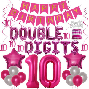 10Th Birthday Decorations For Girls Hot Pink Double Digits 10Th Birthday Party Balloons Banner Cake Topper Hang Swirl