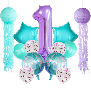 Adlkgg Purple Mermaid Decorations For Birthday Party 1St Hanging Jellyfish Paper Lanterns Balloons Number 1 Foil Balloons For U