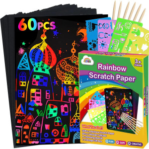 Zmlm Scratch Paper Art Set 60Pcs Magic Drawing Art Craft Kid Black Scratch Off Paper Supply Kit Toddler Preschool Learning Bulk