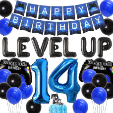 Video Game 14Th Birthday Decorations For Boys Level Up Party Supplies Happy Birthday Banner Number 14 Balloon Cake Topper