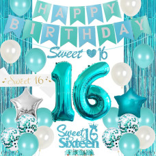 16Th Birthday Decorations For Girl Teal Sweet 16Th Birthday Party Supplies Happy Birthday Banner Sweet 16Th Sash Cake Topper T