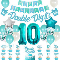 10Th Birthday Decorations For Girls Teal Double Digits Party Supplies Turquoise Banner Cake Cupcake Toppers Number 10 Helium