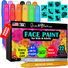 Jimgloria Face Paint Kit With Gold And Silver 12 Colors Large Washable Face Body Painting Crayons Stick With Stencils Kids To