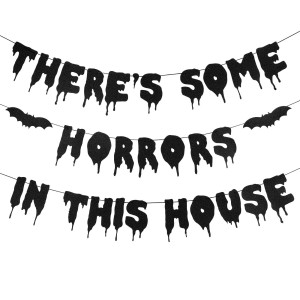 Theres Some Horrors In This House Banner Black Glitter Halloween Horror Party Banner Decorations For Home Office Fireplace Ma